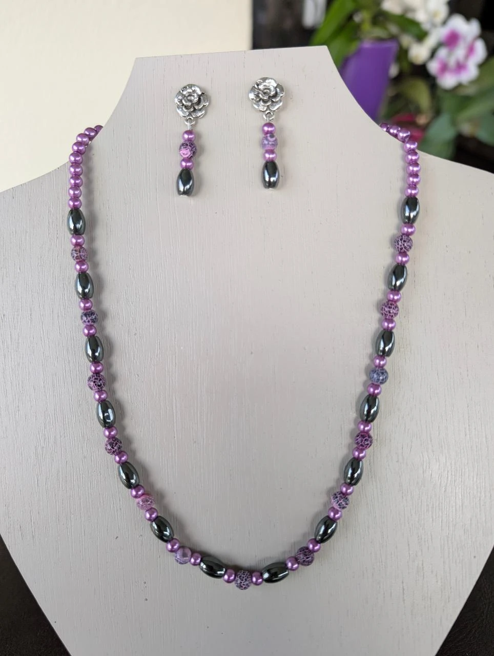 Parure collier et boucles hématite et agate violette PA1043